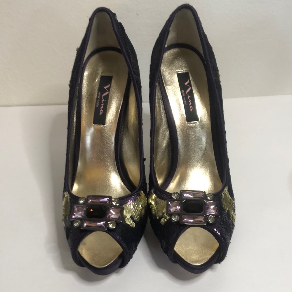 Nina New York multi colored purple sequin open toe heels size 10m - Picture 1 of 10